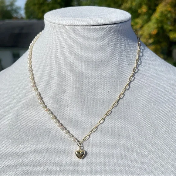 NEW 18K Gold Plated Real Baroque Pearl Chain Link Heart Pendant Choker Necklace - Picture 7 of 11